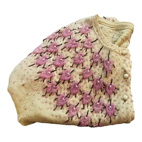 Stunning 1950’s Highly Detailed Hand Beaded Cardigan, Sweater Girl Knit Top - Picture 9 of 14